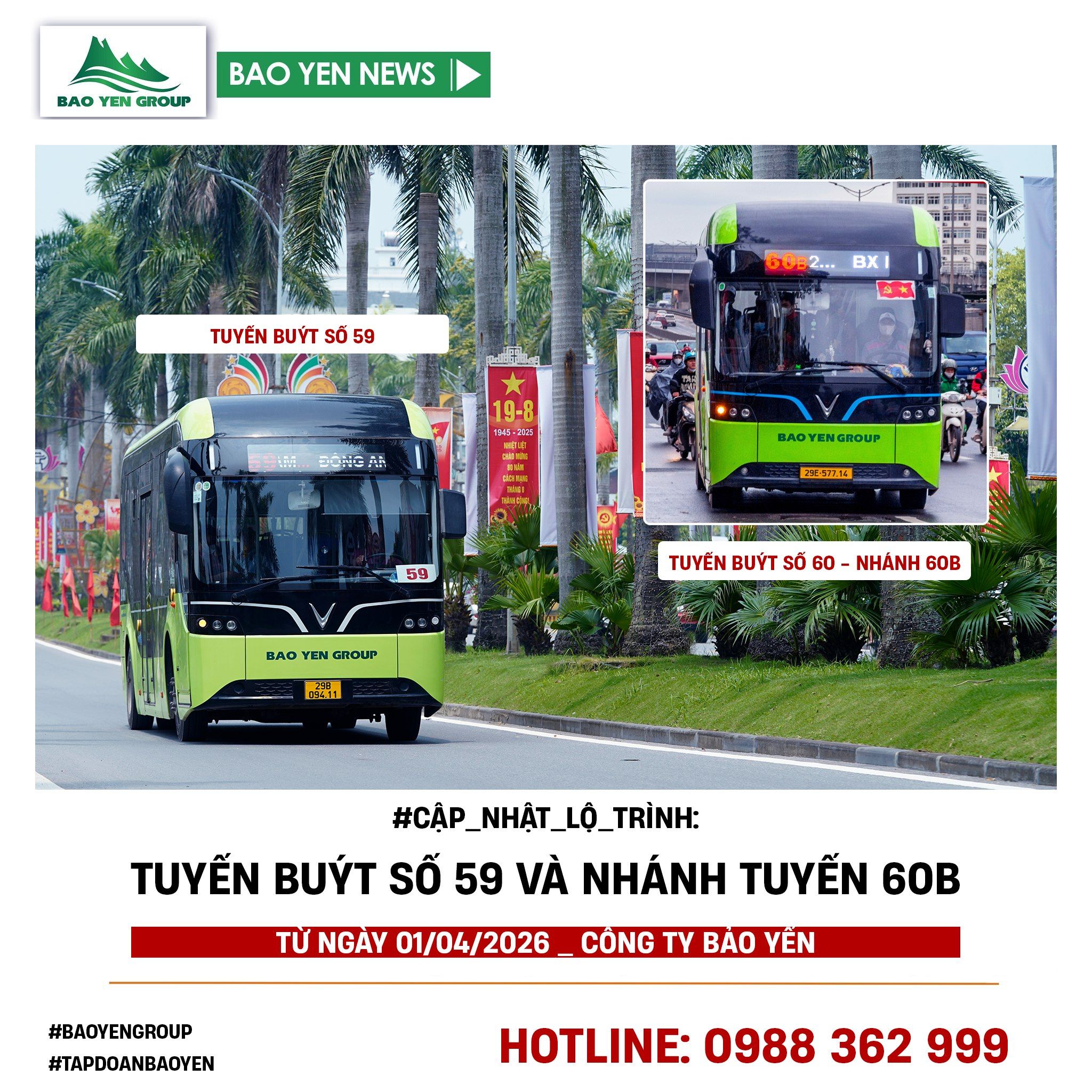 Điều chỉnh dịch vụ Tuyến buýt 59 và Nhánh tuyến 60B của Công ty Bảo Yến từ ngày 01/04/2026